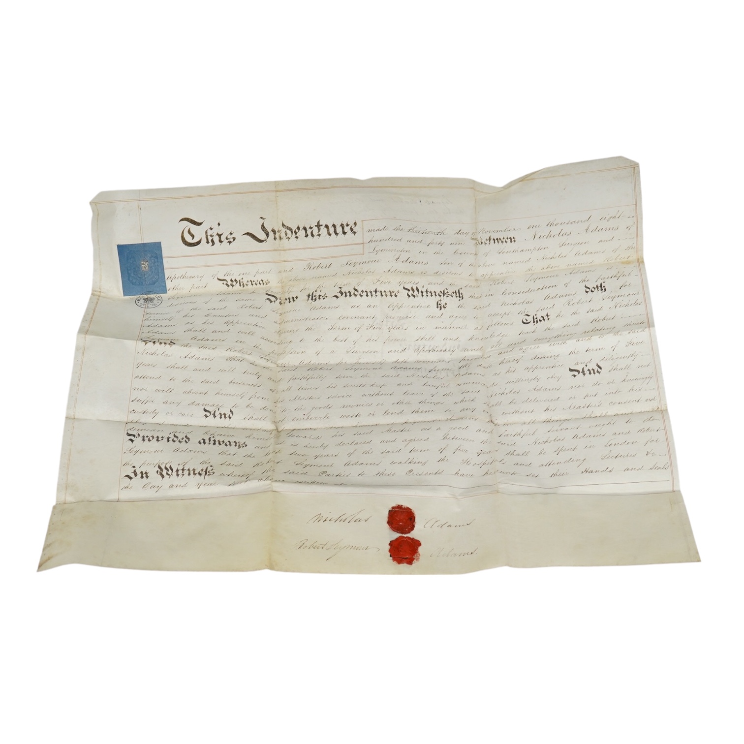 A parchment Indenture of Apprenticeship as a Surgeon and Apothecary between Nicholas Adams and Robert Seymour Adams of Hampshire, dated 1849. Condition - fair